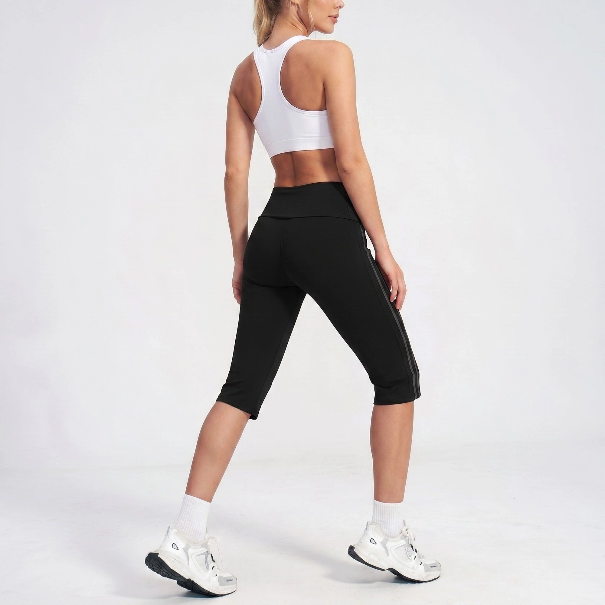 Anna-Kaci Women's High-Waist Side Stripe Capri Leggings Wide Waistband Cropped Workout Yoga Pants
