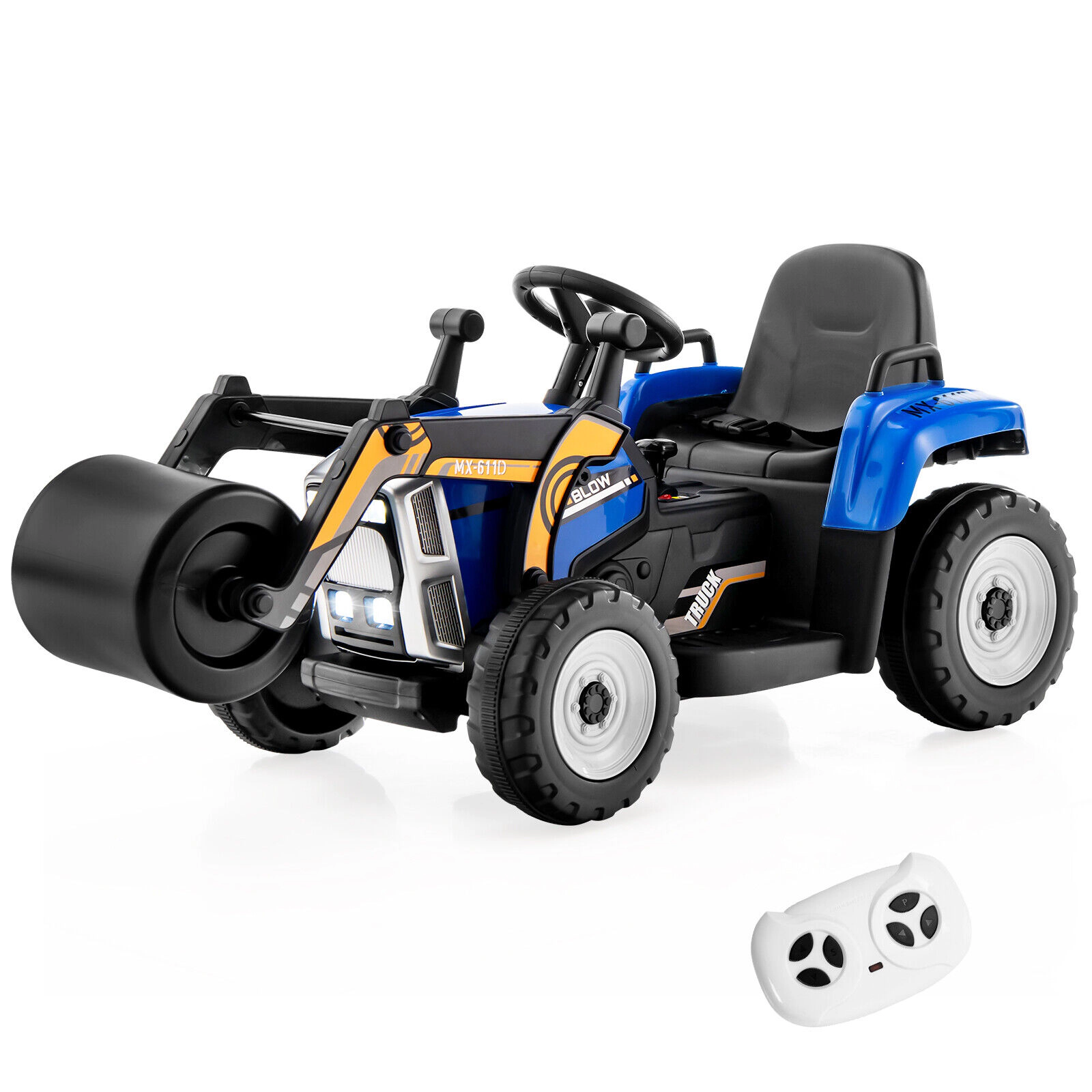 SUGIFT 12V Kids Ride On Road Roller with 2.4G Remote Control 66-lb Capacity Ages 3-8 49-in Long 2-5 mph Blue