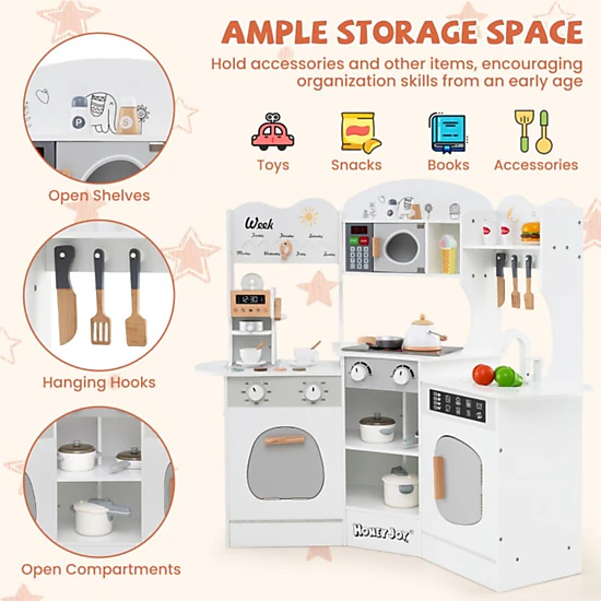 Hivvago Corner Wooden Play Kitchen with Coffee Machine and Slide for Kids