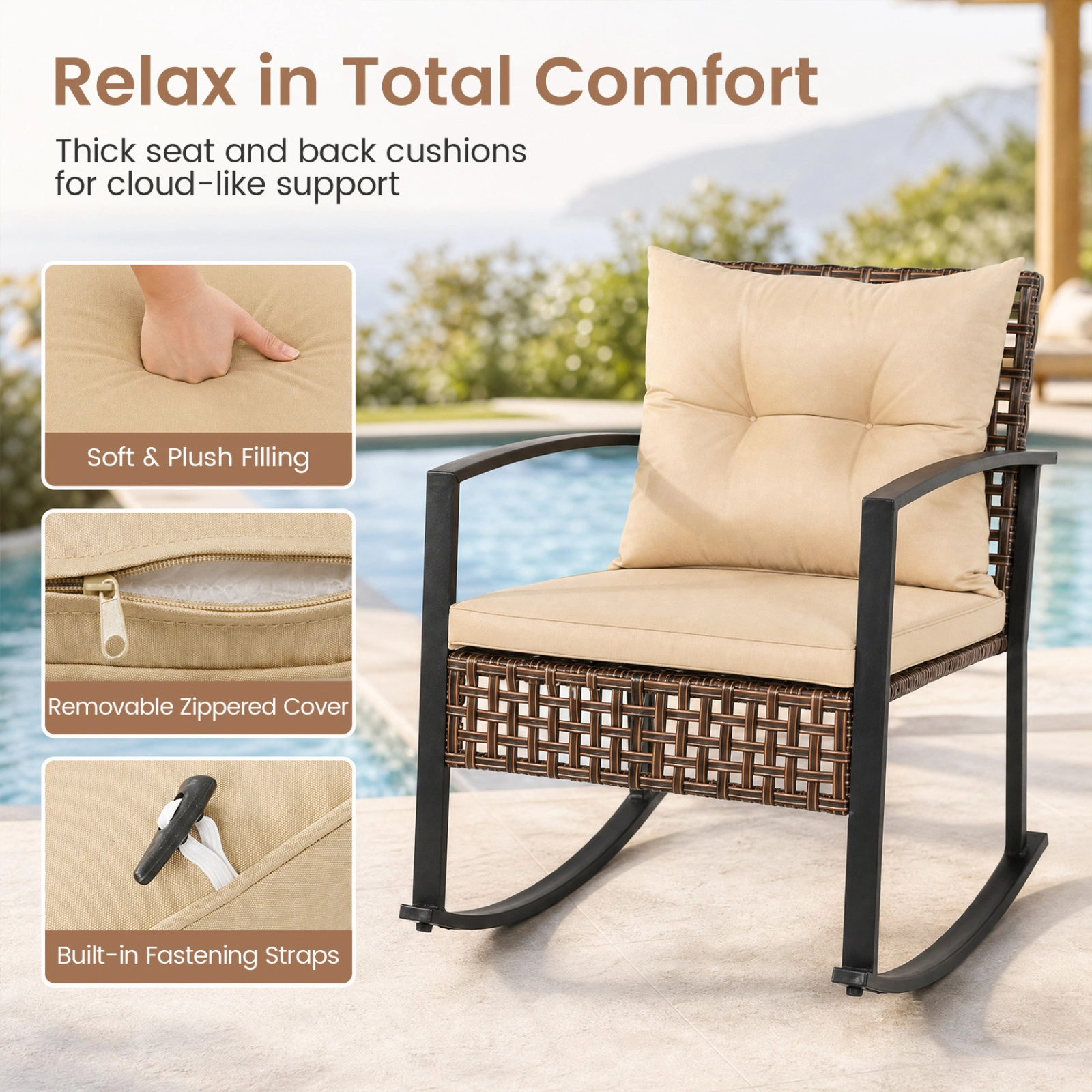 SUGIFT Brown Coffee Table and Thick Cushions 3-Piece Outdoor Wicker Rocking Chair Set
