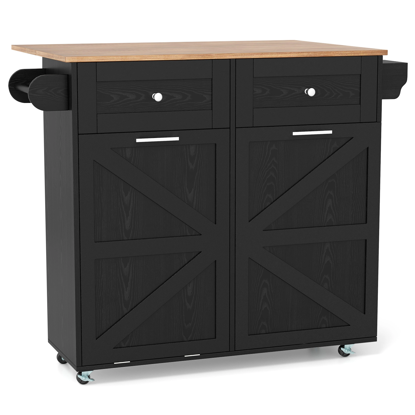 SUGIFT Rolling Kitchen Island with Drop Leaf Top Trash Can Cabinet and Rubber Universal Wheels 440-lb Capacity Black