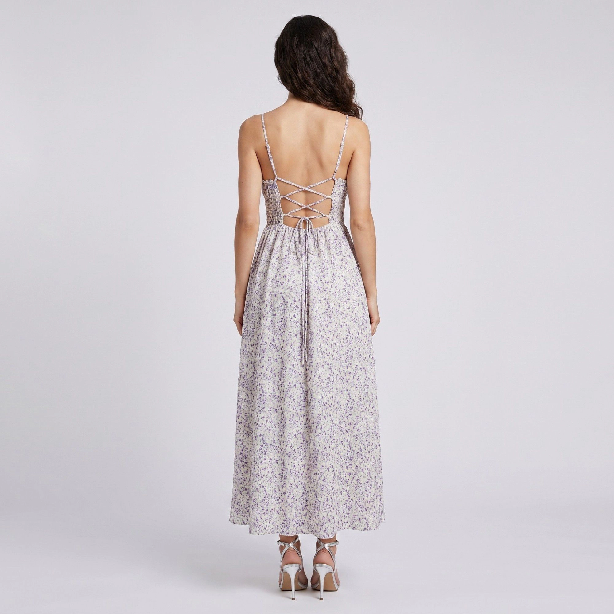 Anna-Kaci Women's Floral Print Smocked Bodice Tie Front Sweetheart Neckline Slim Straps Maxi Dress