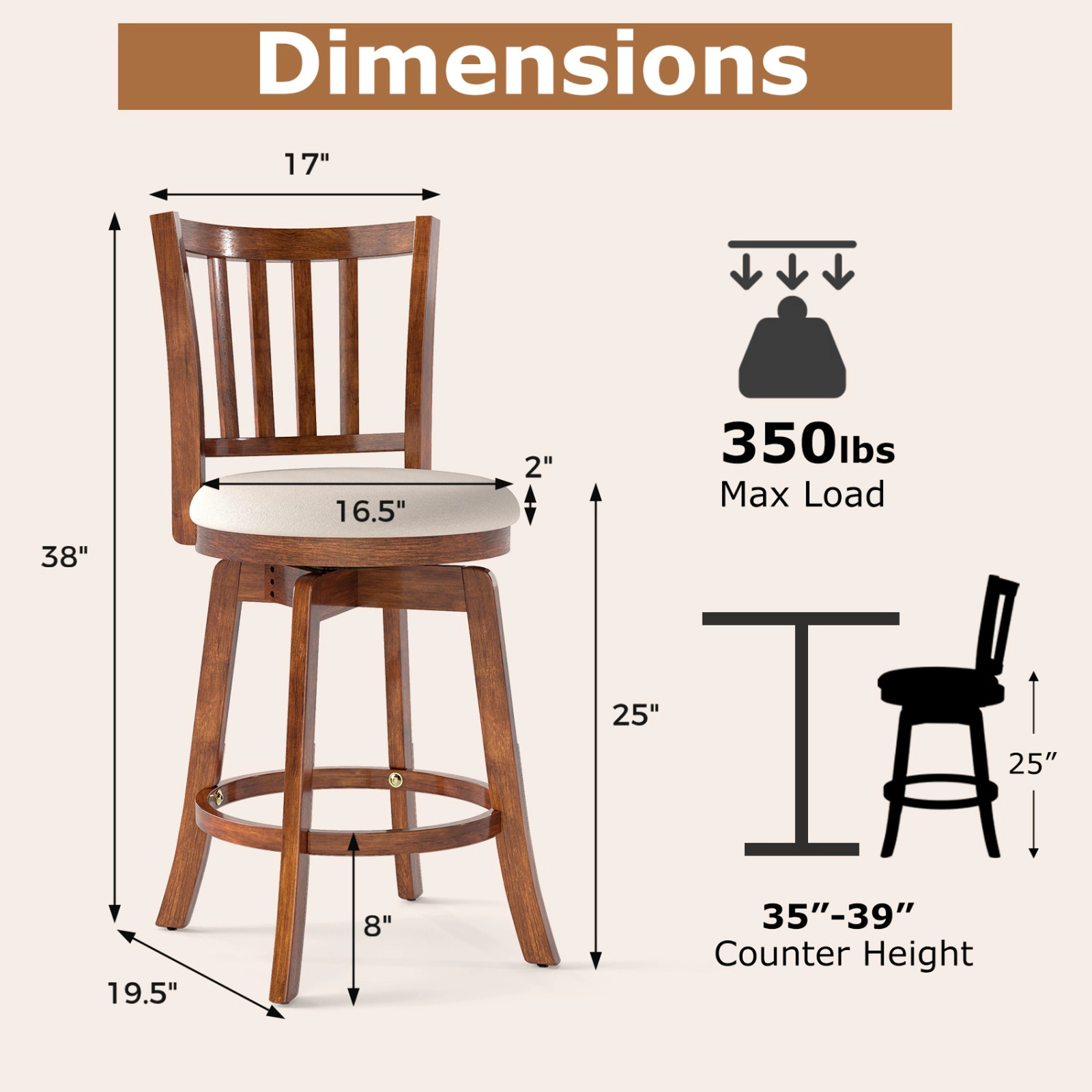 SUGIFT 360° Rotating Counter Height Chairs Set of 2 with Upholstered Seat and Backrest 350-lb Capacity Driftwood +Sand