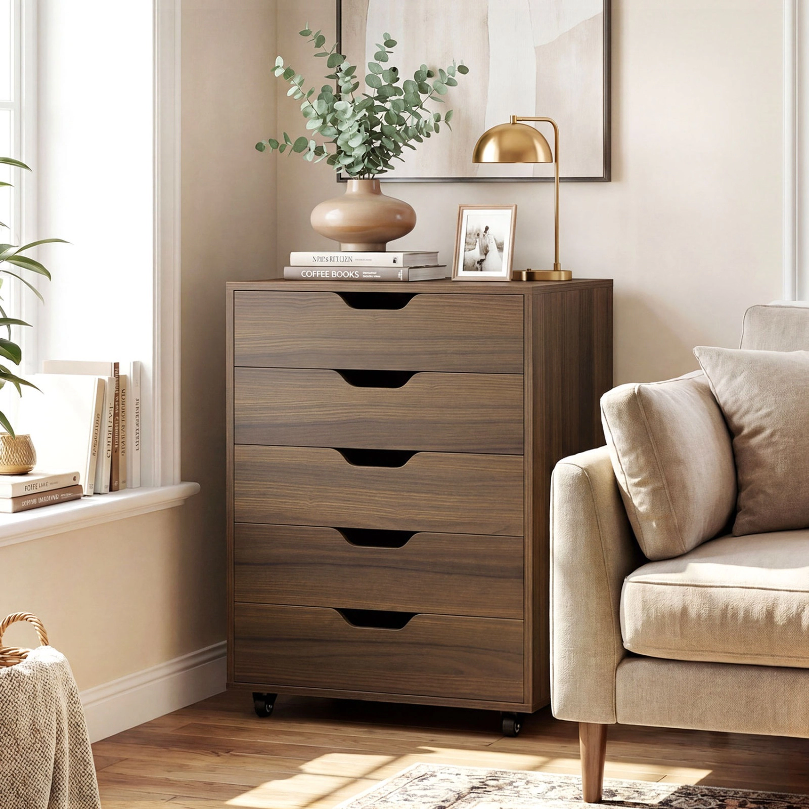 SUGIFT Walnut Locking Wheels for Home Office 5 Drawer Mobile File Cabinet