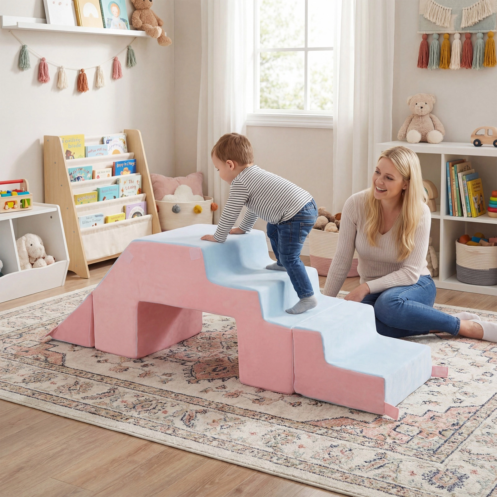 4-in-1 Foam Climbing Blocks Toddlers Crystal Velvet Indoor Climb Crawl Slide Sit Set Foldable Soft Play Toys Pink