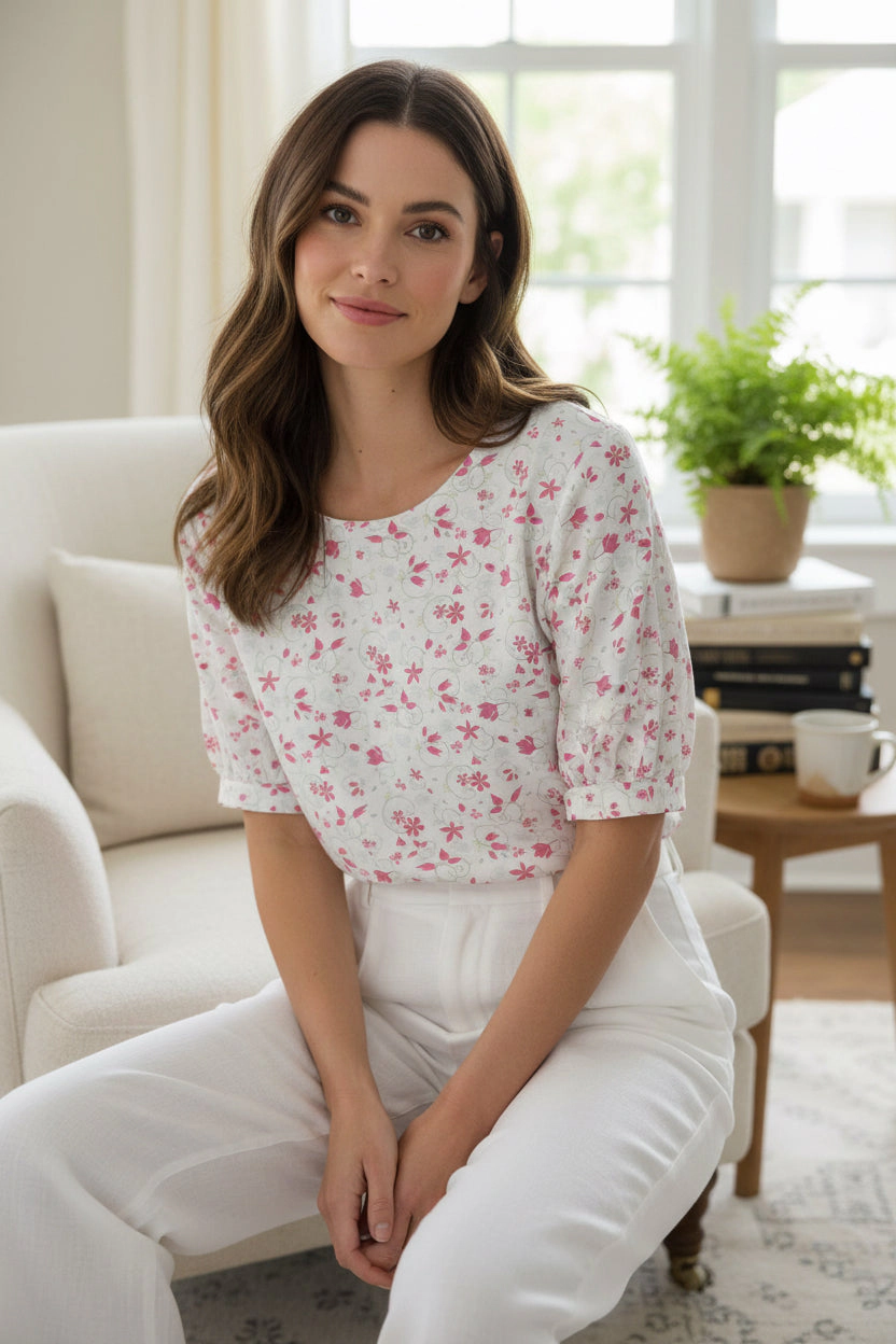 DressAtR Women's Pink Floral Round Neck Elbow Sleeve Back Button Blouse