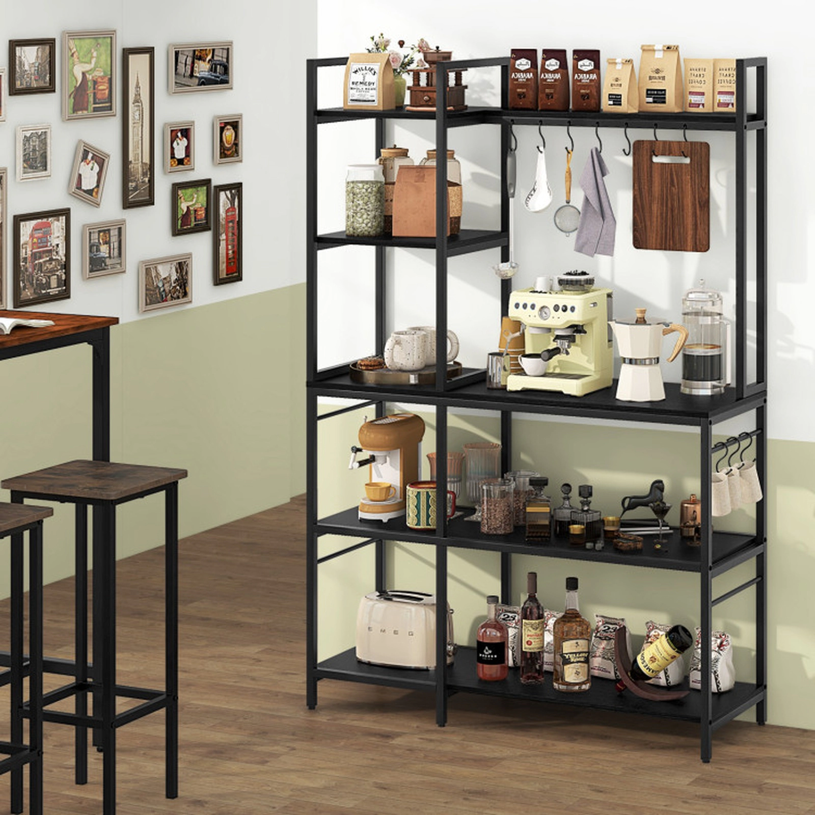SUGIFT 5-Tier Bakers Rack Shelving Unit with Power Outlets and 10 S-Shaped Hooks 220-lb Capacity Rustic Brown/Black