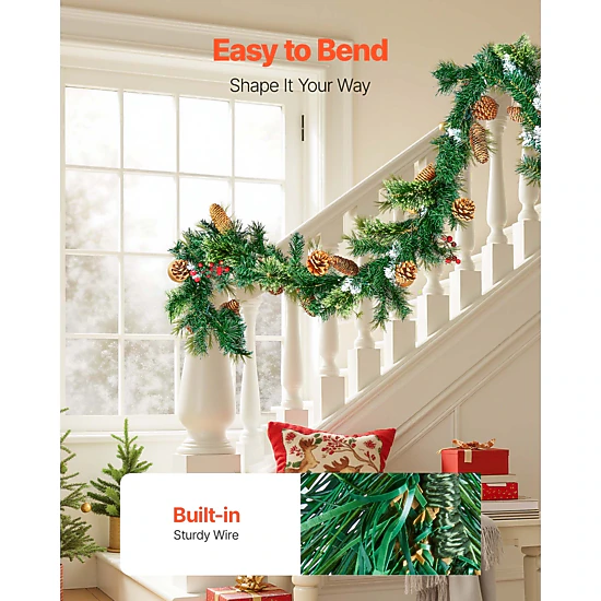 HONGGE Christmas Garland Realistic Greenery Decorated with Vines Olive Leaves and Berries Evergreen Faux Garlands with
