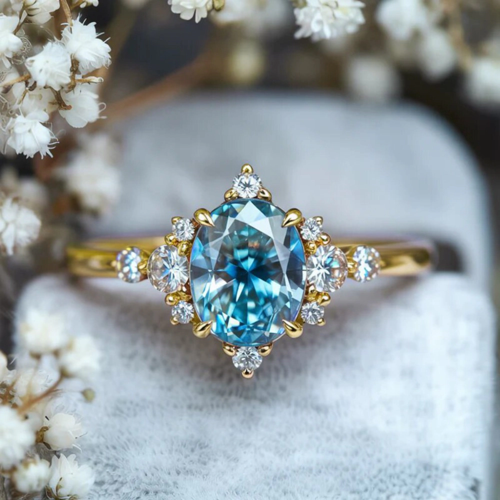 Elegant Oval Sea Blue Synthetic Gemstone Engagement Ring