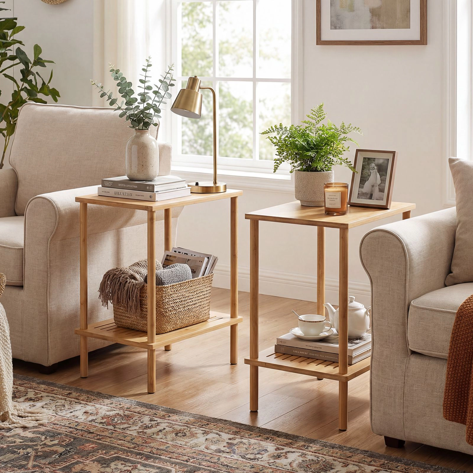 SlickBlue Set of 2 2 Tier Wicker Side Tables with Storage Shelves