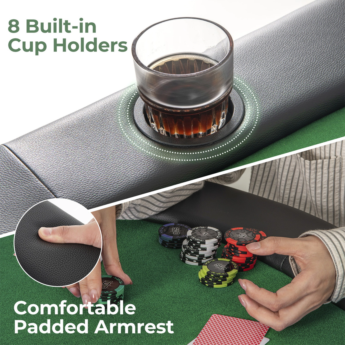 SUGIFT Green 8-Player Foldable Poker Table with 8 Cup Holders and Padded Armrests 72-in W 36-in D 30-in H