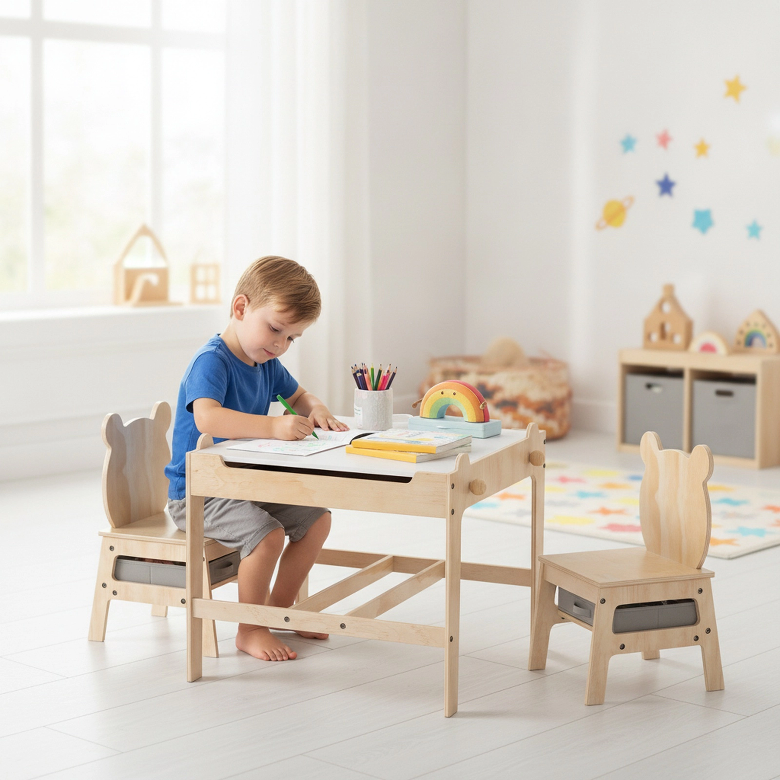 SUGIFT Kids Table and Chairs Set, 4-in-1 Reversible Whiteboard, Panda Chair Backs, 2 Fabric Drawers