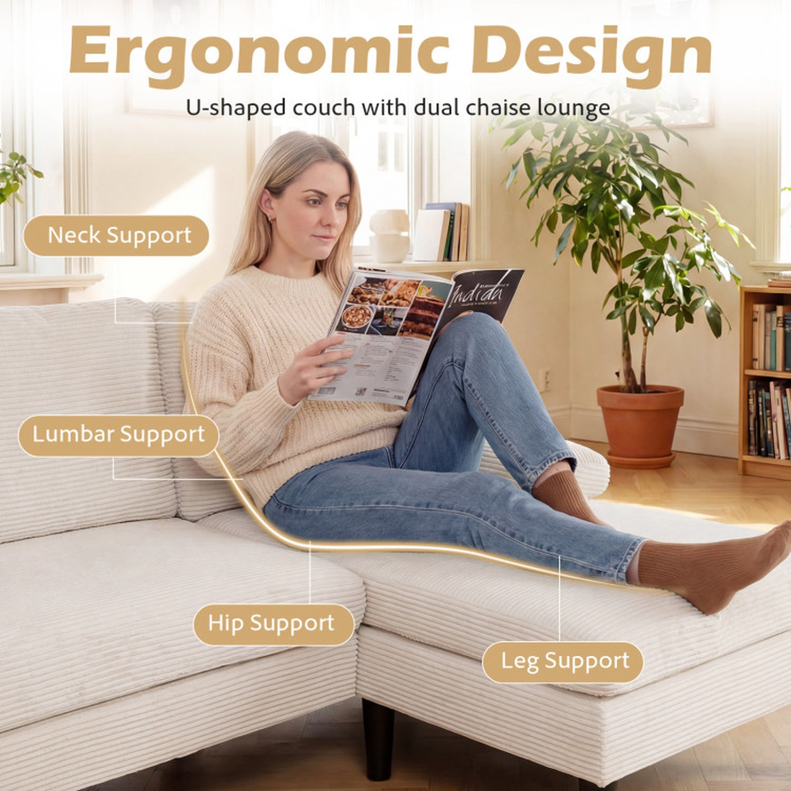 SUGIFT 101.5-Inch Beige U-Shaped Sectional Sofa with Double Chaise and Pocket Springs