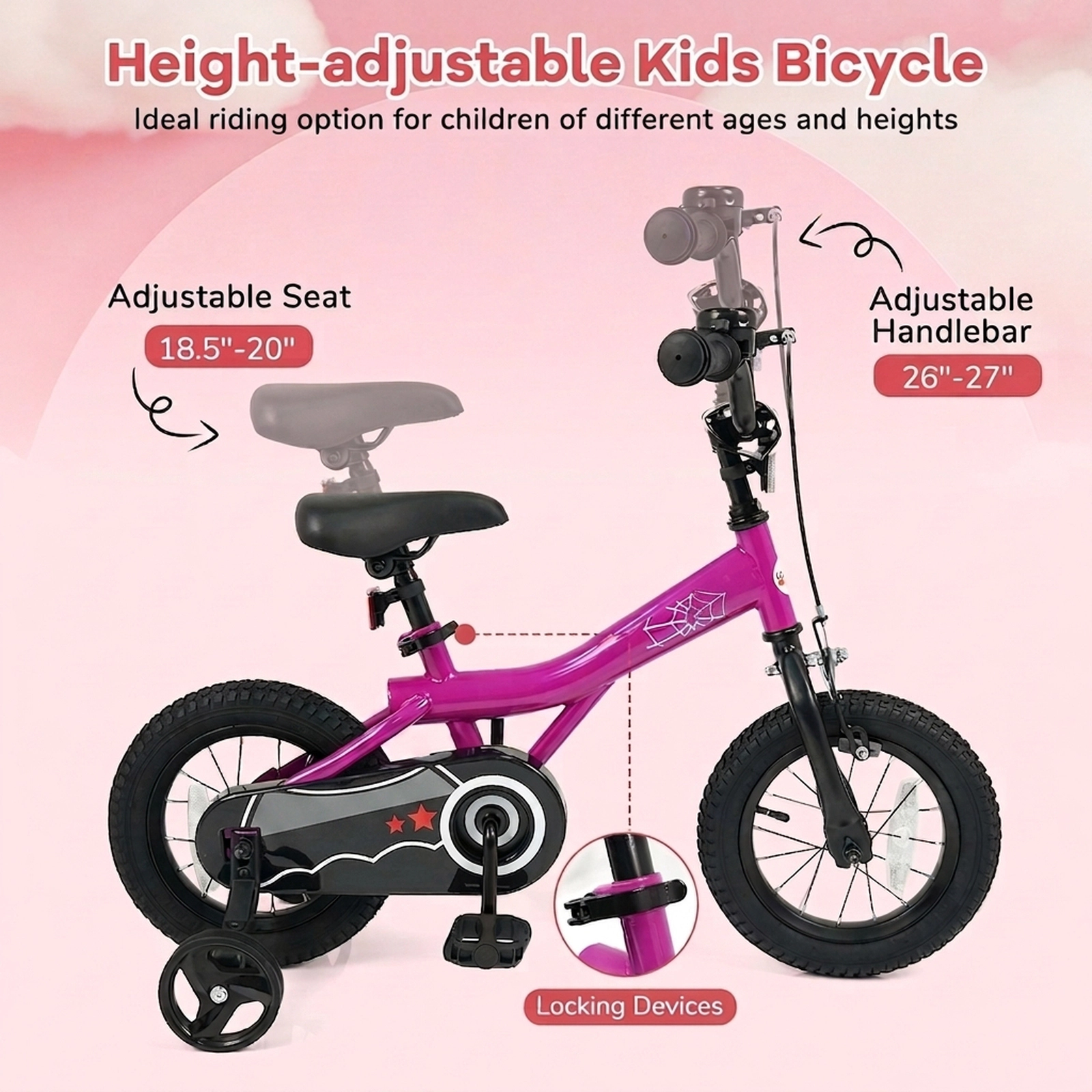 12-in Kids Bike Ages 3-4 Removable Training Wheels Bell Reflectors Dual Brakes Adjustable 18.5-in to 20-in Saddle Pink