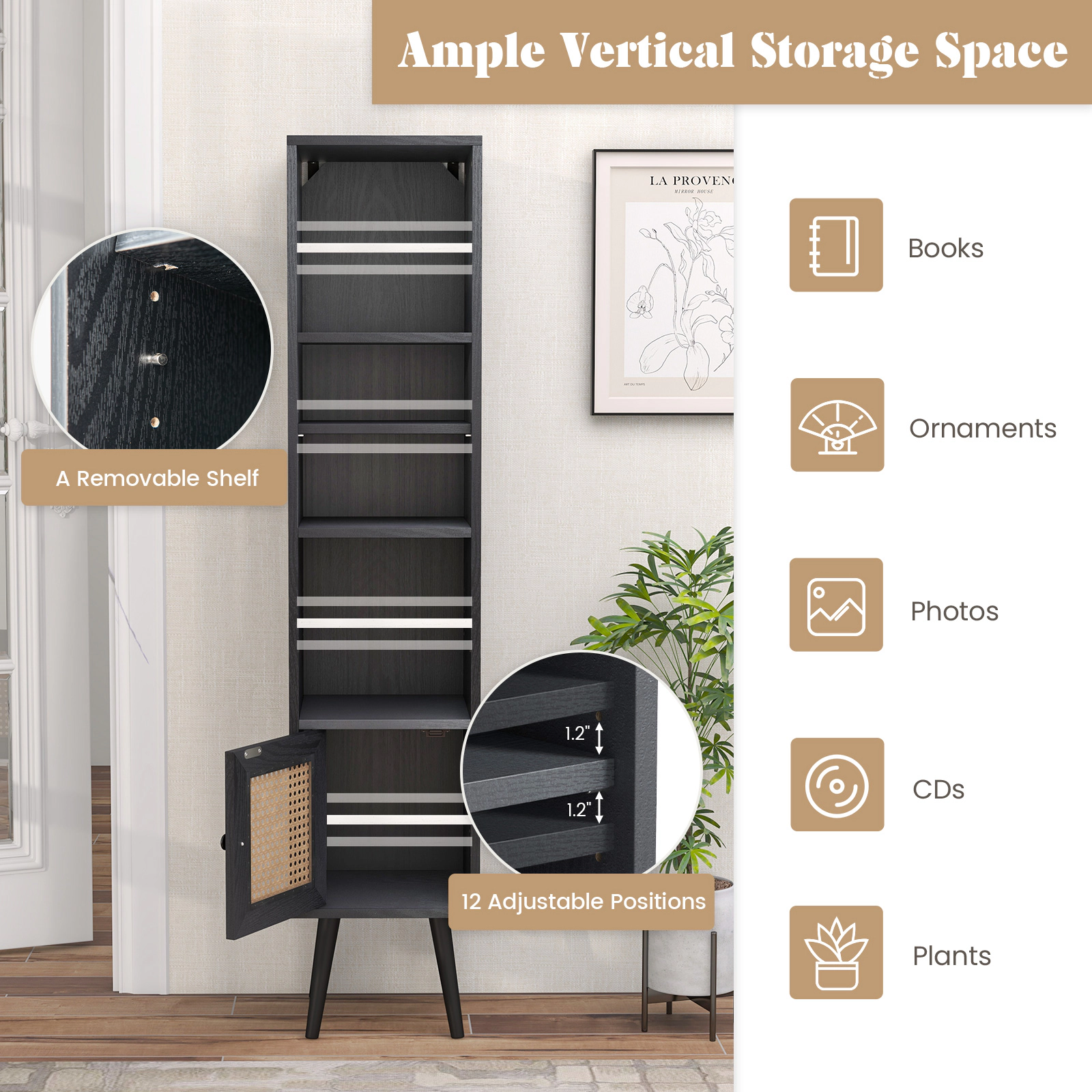 SUGIFT Slim 4-Tier Rattan Door Bookcase Storage Cabinet 200-lb Capacity Black