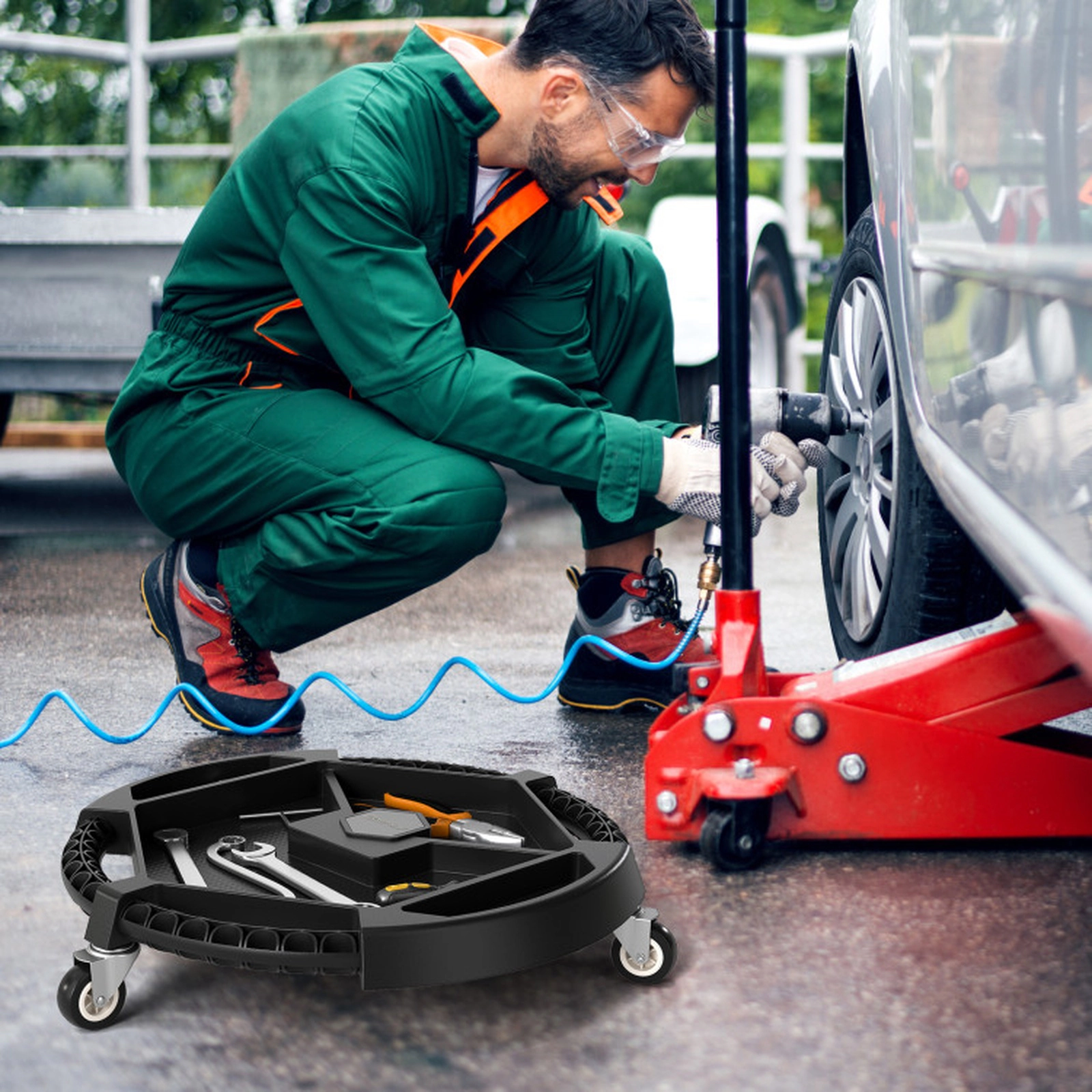 SUGIFT Mobile Automotive Tool Creeper with 3 Swivel Casters 4 Compartments 30-lb Capacity Black