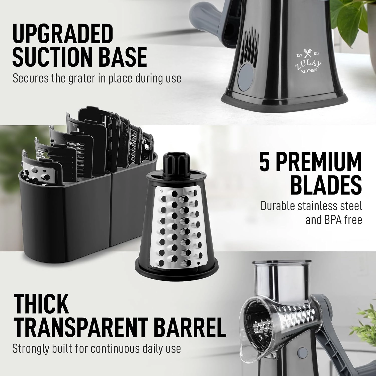 Zulay Kitchen Rotary Cheese Grater 5 Blade Cheese Shredder - Manual Hand Crank Cheese Grater With Reinforced Suction