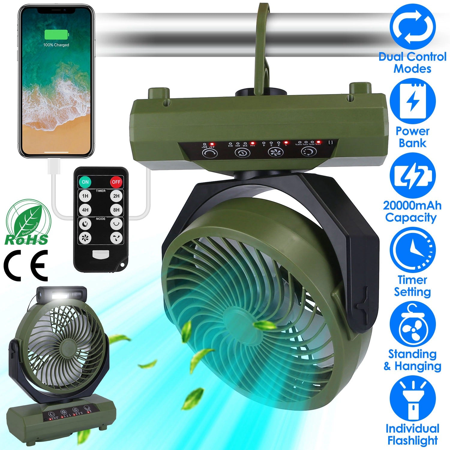 GBruno 20000mAh Rechargeable Camping Fan With Light