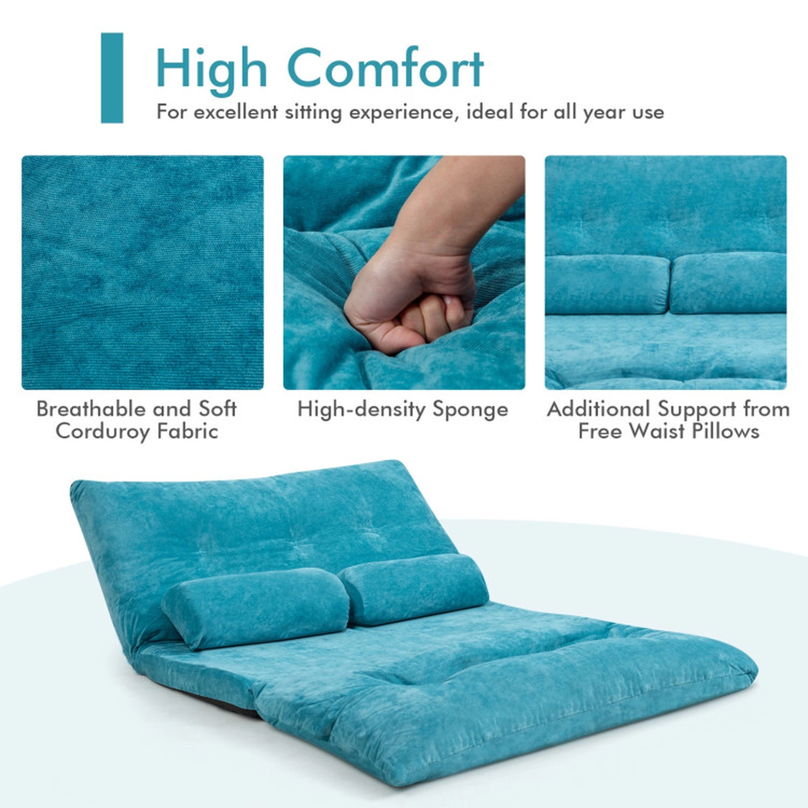 SUGIFT 6-Position Lay Flat 2 Pillows Corduroy Convertible Floor Sofa Bed 71-in x 42.5-in x 7-in 330-lb Capacity Blue