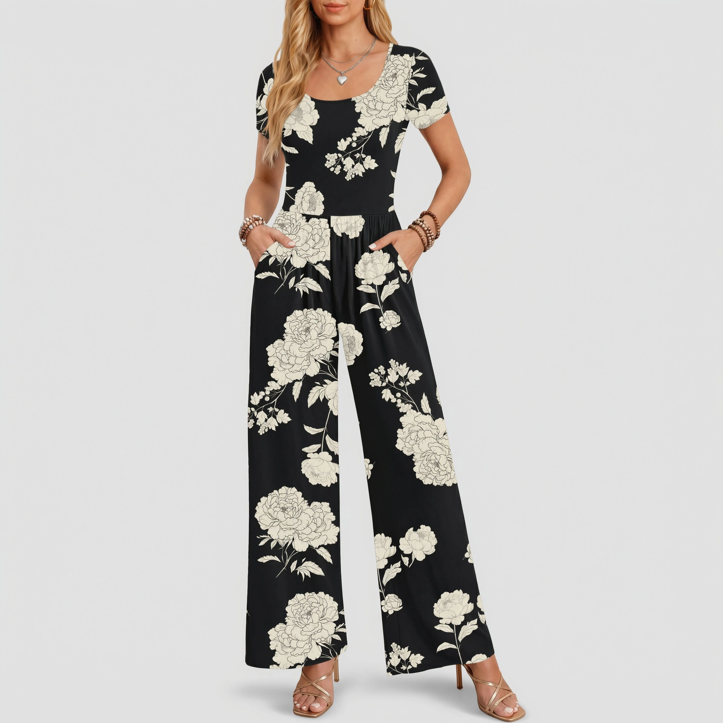 Ekouaer Women's Square Neck Short Sleeve Solid Wide Leg Jumpsuit