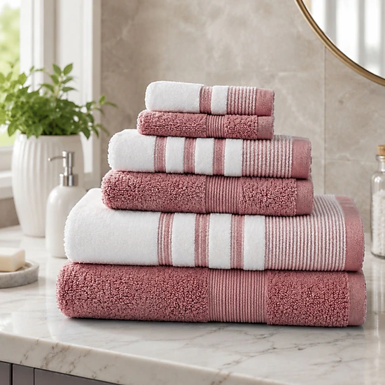 Plazatex Two Tone  Zero Twist 100% Cotton Soft & Absorbent 6 Piece Bathroom Towel Set Rose