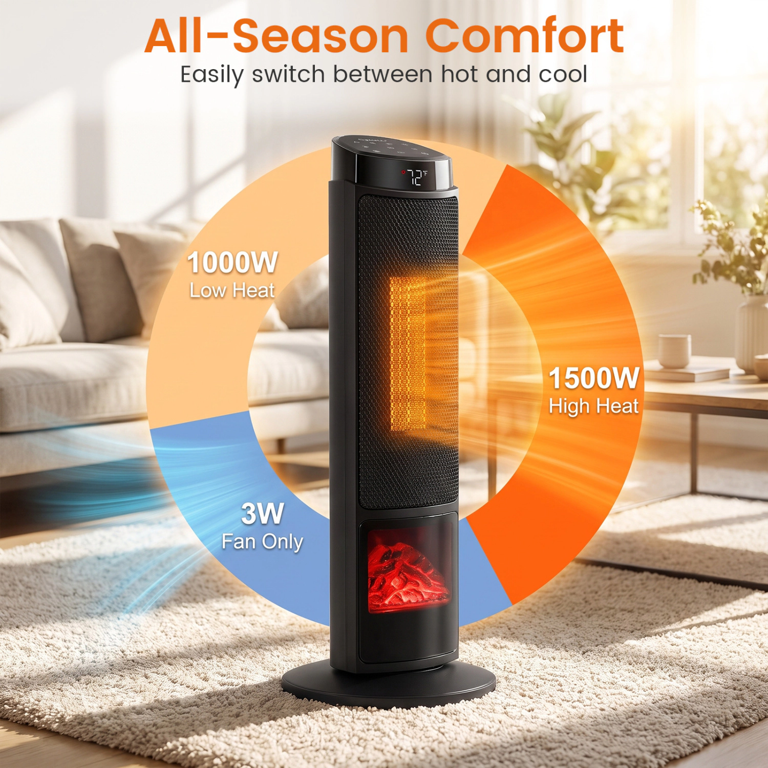 LJG 24 Inch 1500W PTC Ceramic Tower Space Heater with 7-Color Flame