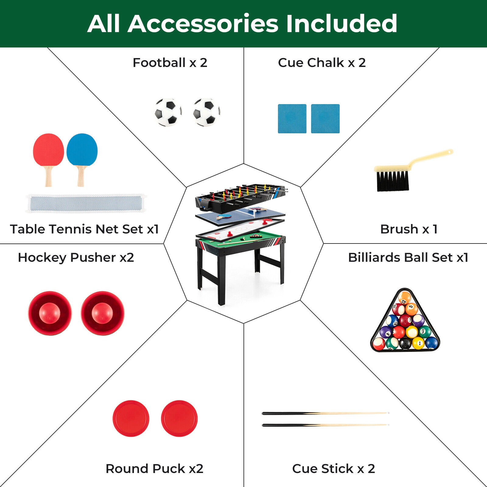 SUGIFT Black 4-in-1 Multi Game Table with Pool Foosball and Hockey Surfaces 49-in W 38-in D 32.5-in H