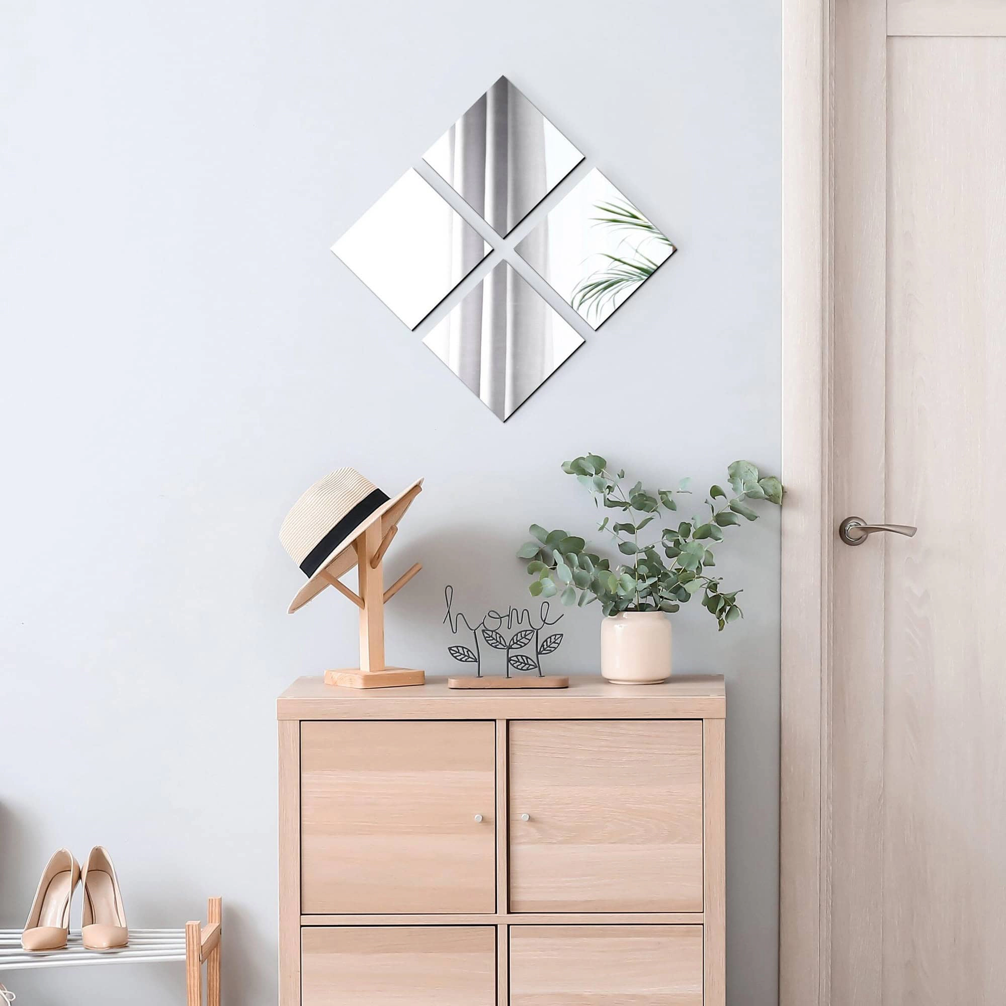 Evideco French Home Goods Set of 4 Frameless 7.12 in Square Self-Adhesive Glass Mirrors, Silver
