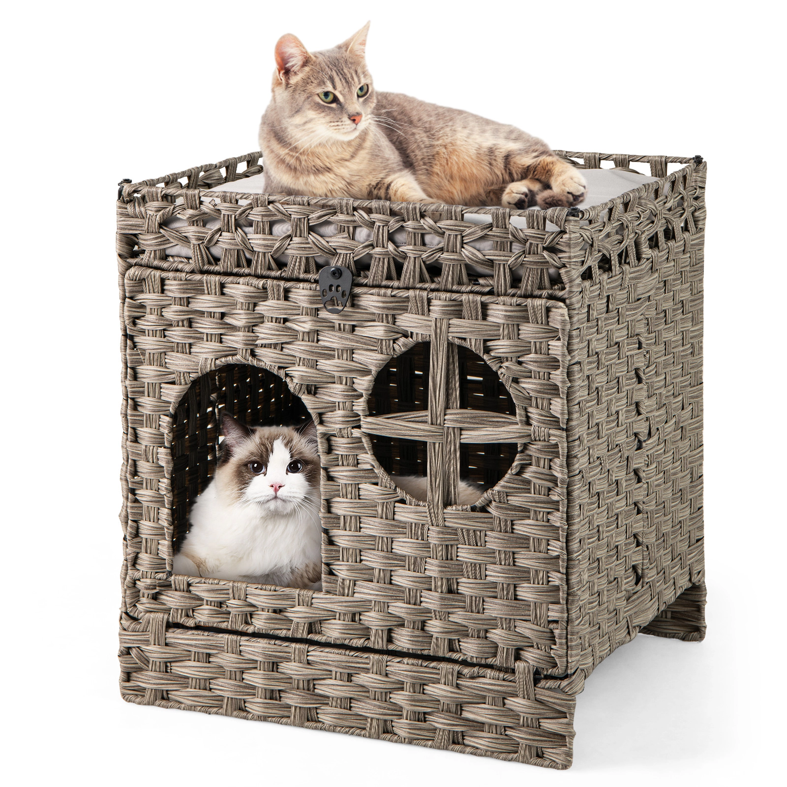SUGIFT 21 x 22.5-in 22-lb Tier Capacity Gray Foldable 2-Tier PE Rattan Cat Litter Box Enclosure with Litter Mat