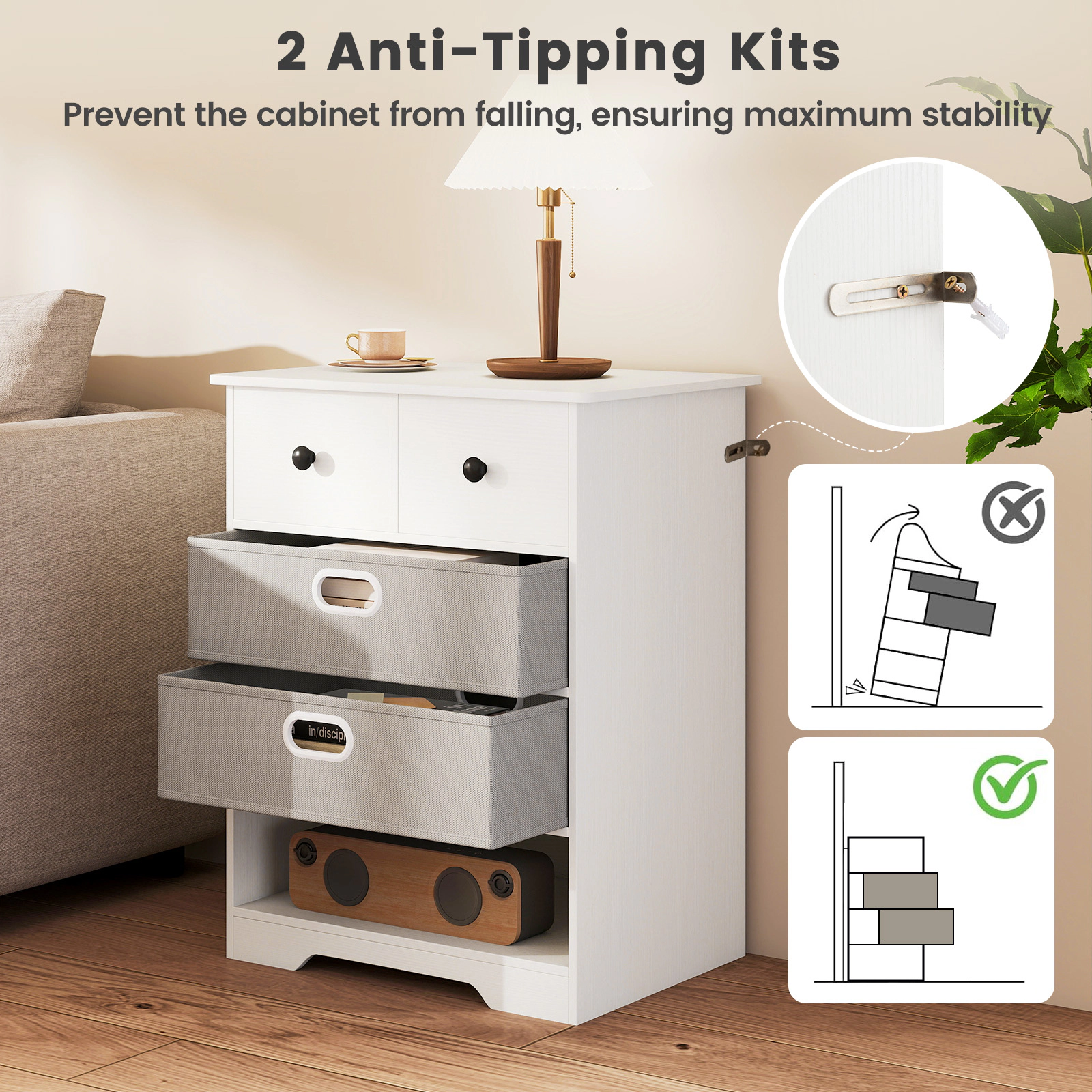 SUGIFT White Fabric Bins and Open Display Shelf 4-Drawer Dresser Chest