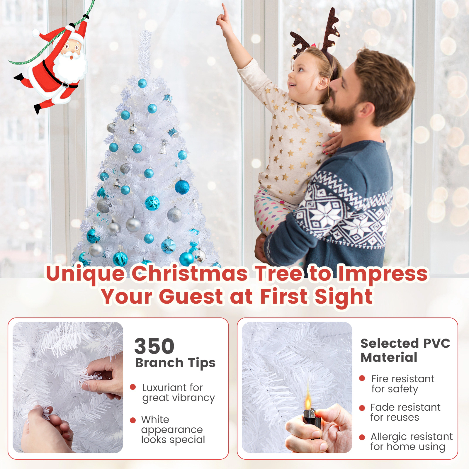 SUGIFT PVC Artificial Christmas Tree with Metal Stand 4.9-ft Tall 350 Tips Easy-Store 3-Piece White Indoor Outdoor
