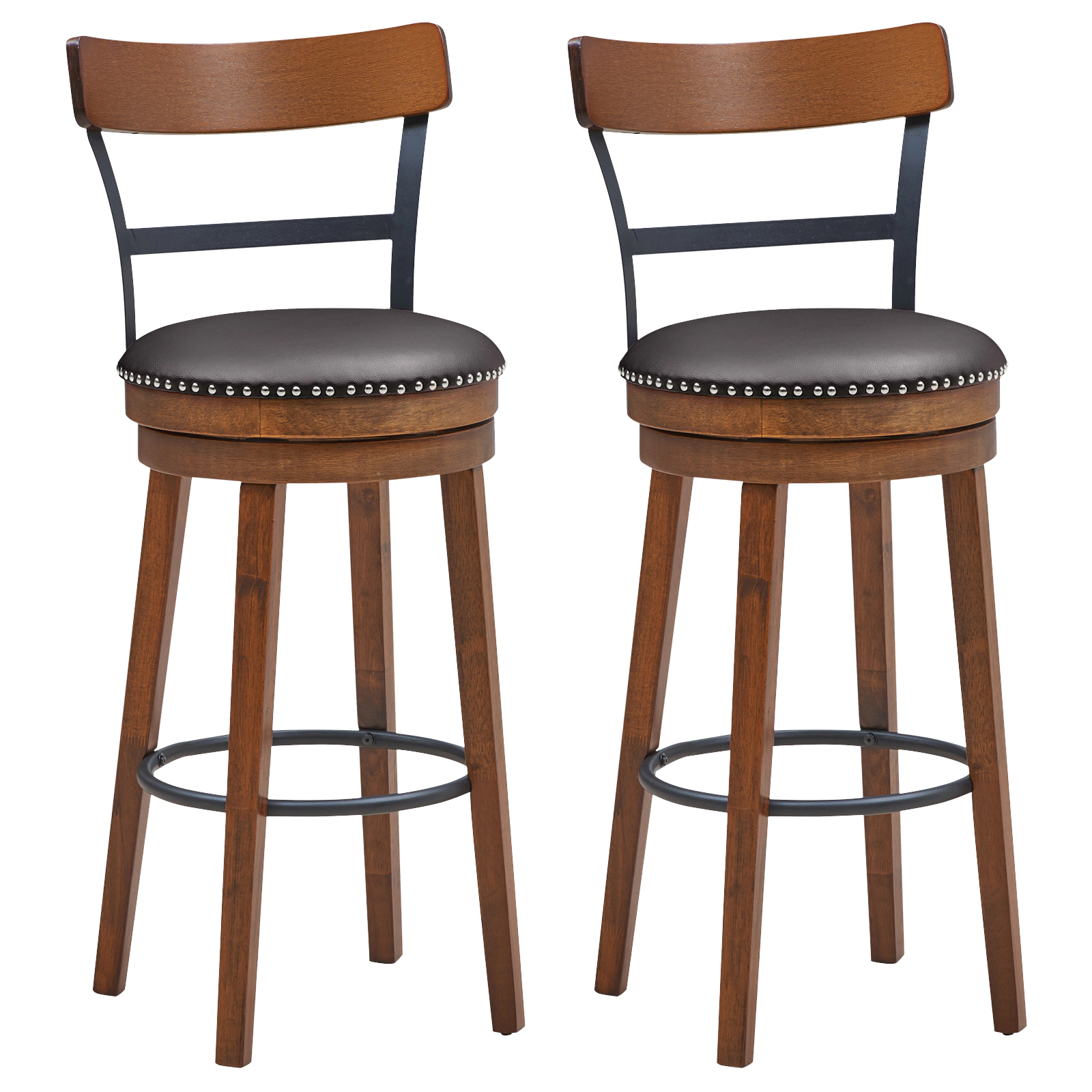 SUGIFT Set of 2 Swivel Pub Height Bar Stools 30.5-in Seat Height 250-lb Capacity Brown PVC Leather and Rubber Wood