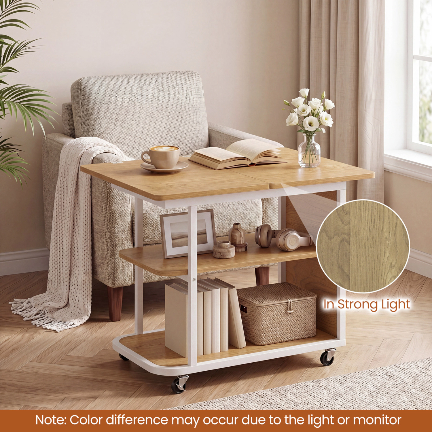 Glintex Mobile Nightstand with Foldable Swivel Top and 2-Tier Shelf