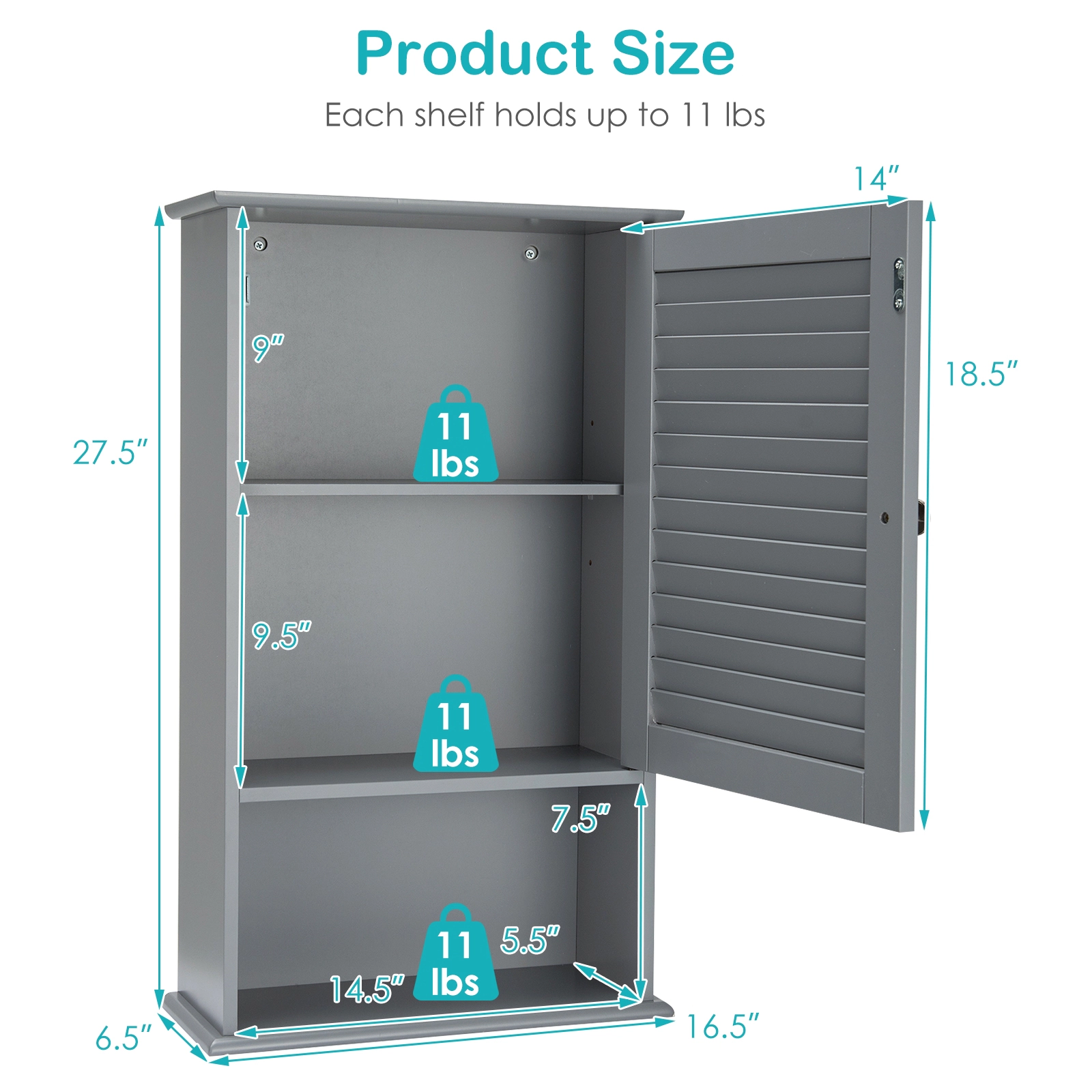 SUGIFT Wall Mount Louvered Single Door Bathroom Storage Cabinet 16.5-in x 6.5-in x 27.5-in 46-lb Capacity Gray