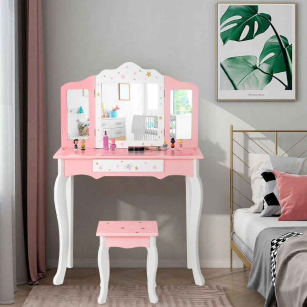 Hivvago Kids Princess Vanity Table And Stool Set With Tri-Folding Mirror Drawer