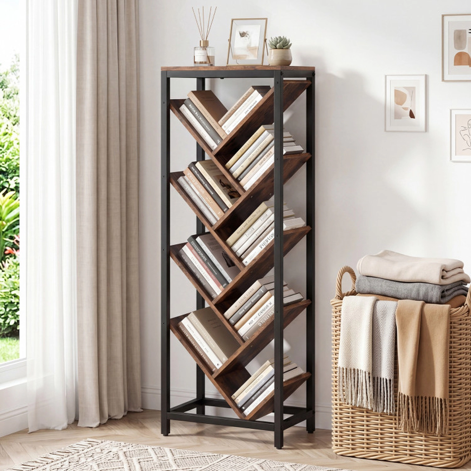 SUGIFT Rustic Brown 9-Tier Tree-Shaped Freestanding Bookcase for Hardcover Books