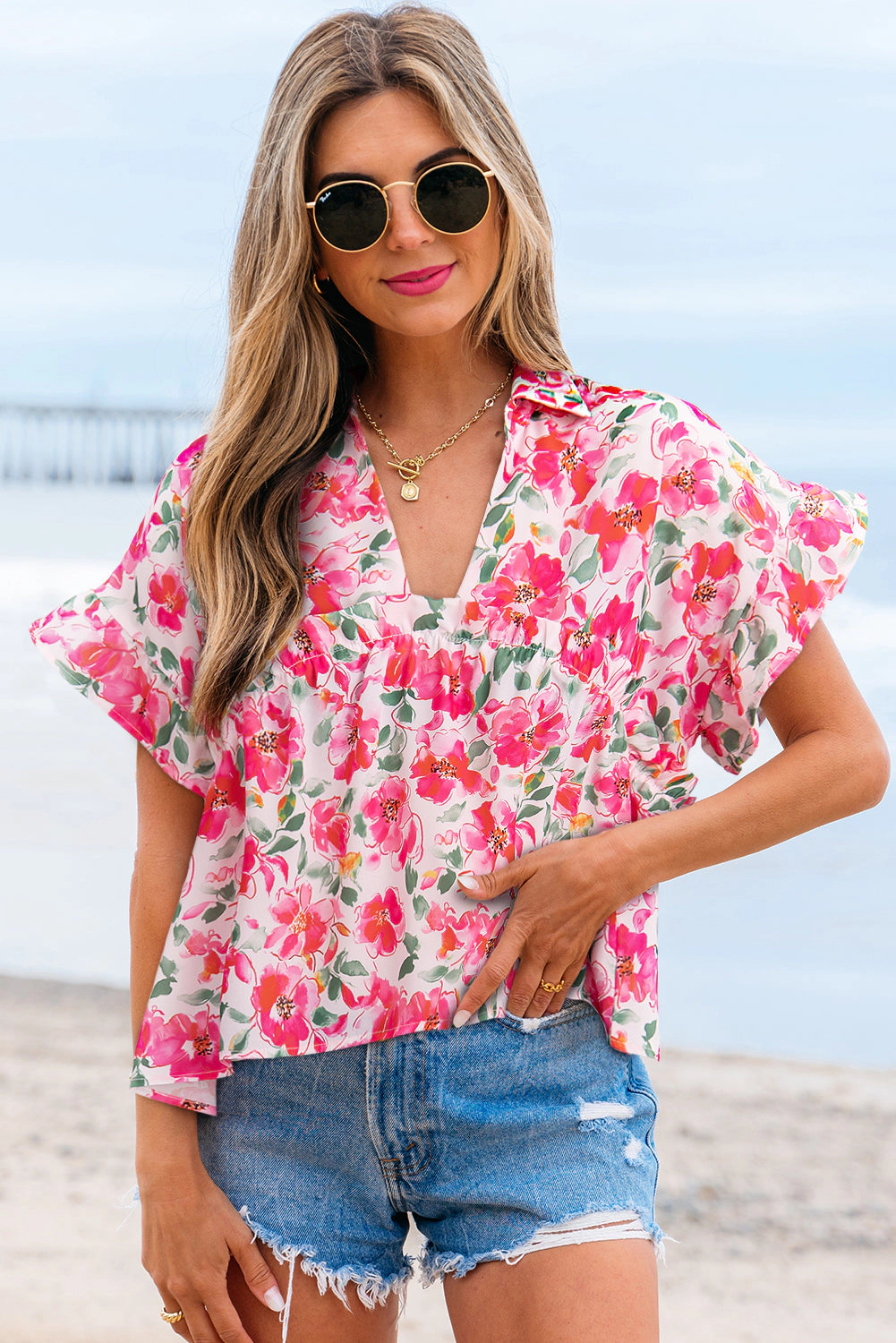Threaded Pear Women's Zoya Floral Ruffled Short Sleeve Blouse
