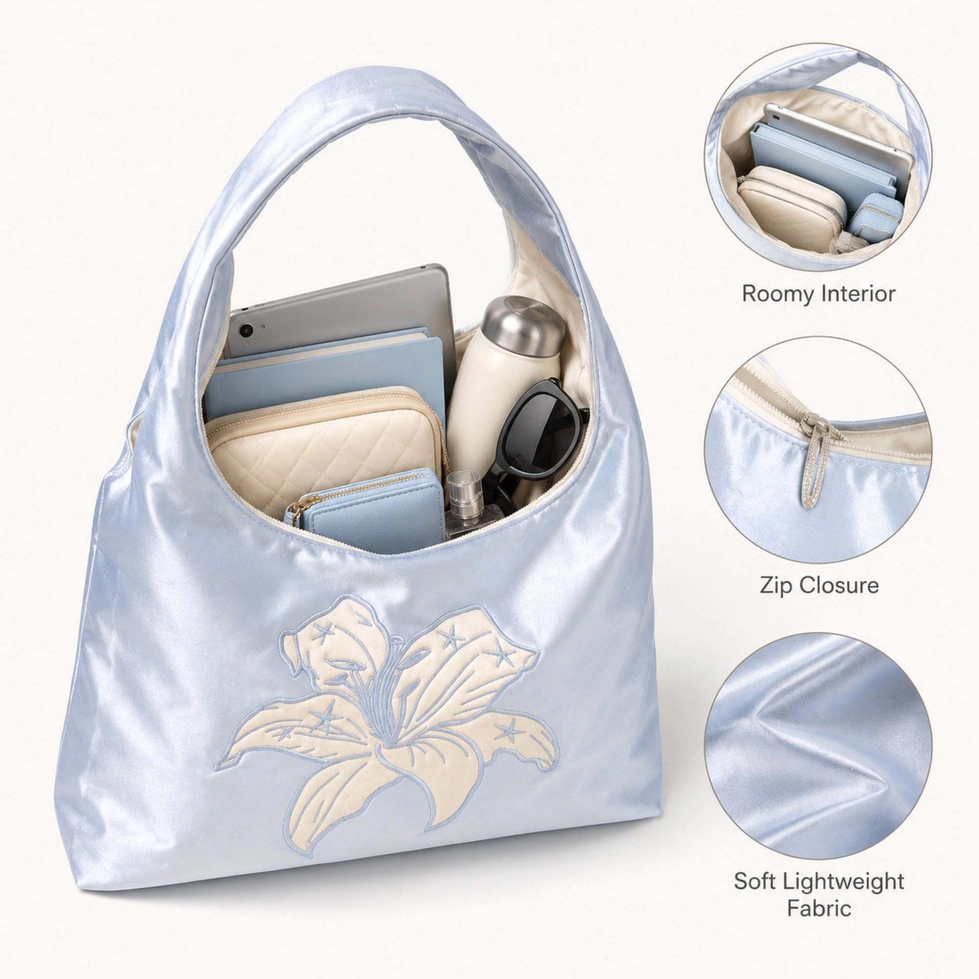 Alilang Women's Satin Hobo Shoulder Bag with Embroidered Lily Detail