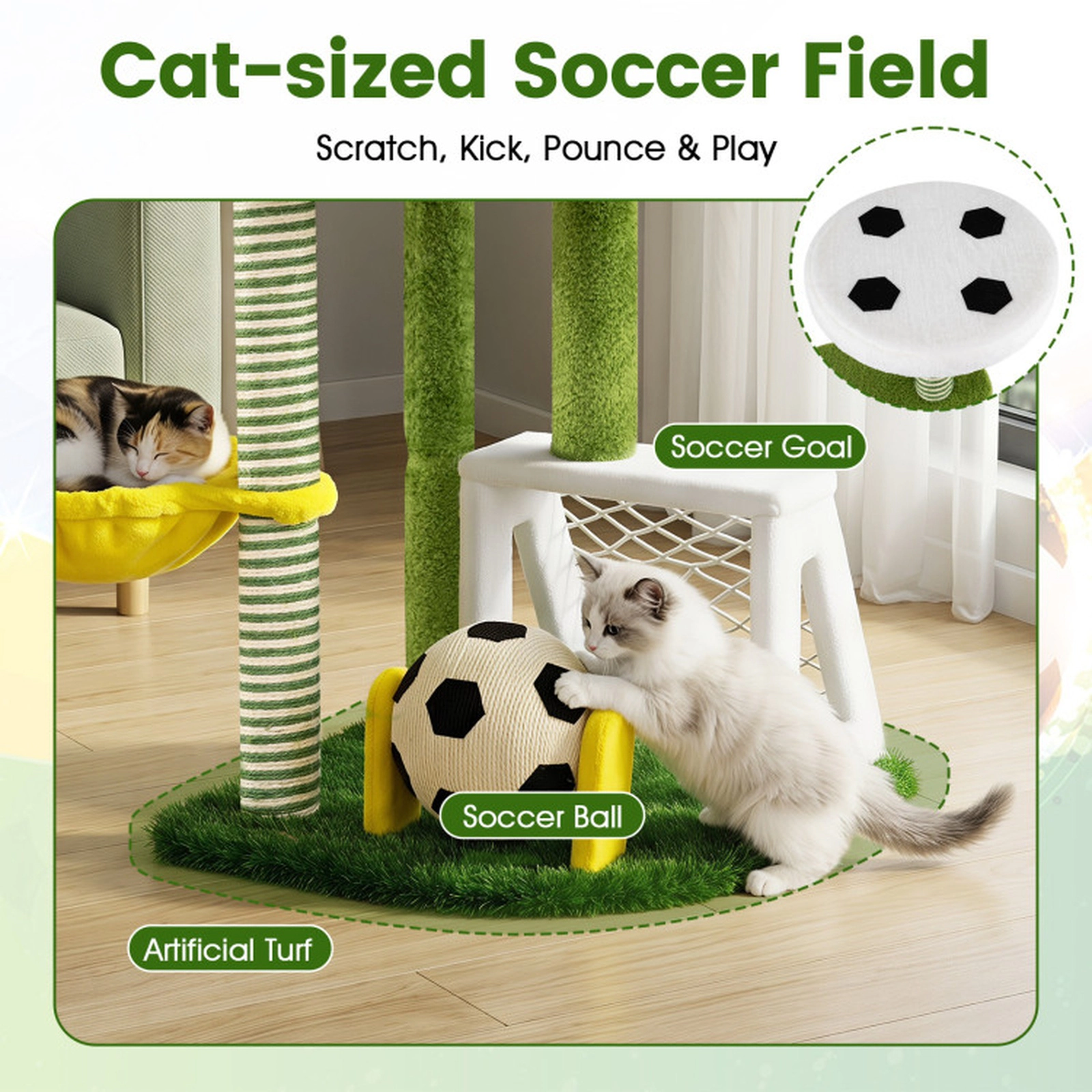 SUGIFT Modern Indoor Multi-Level Cat Tree Tower with Perches & Hammock 22-lb Platforms 11-lb Hammock Green Yellow White
