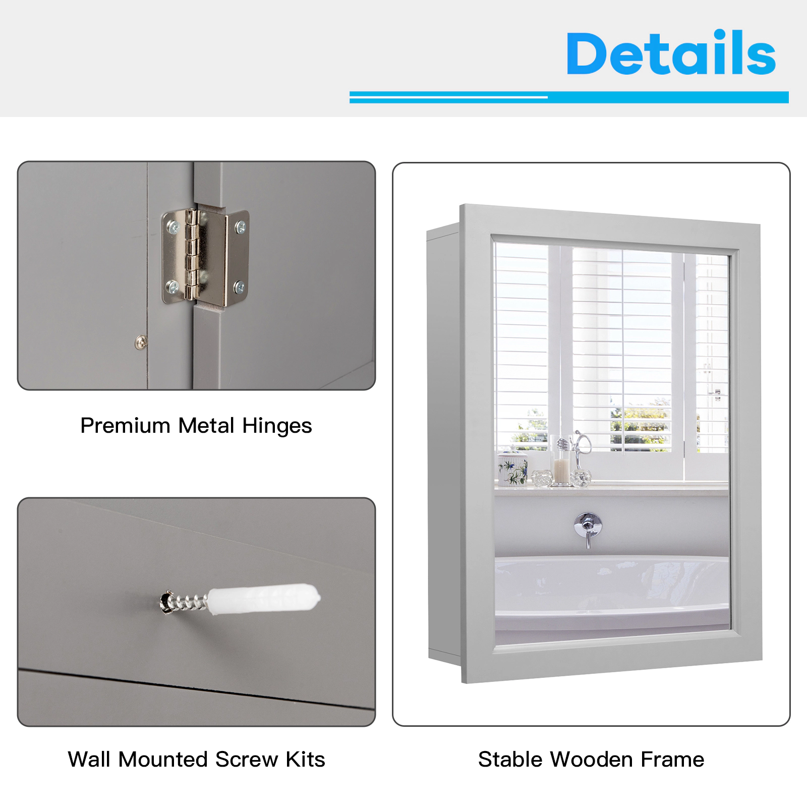 SUGIFT Gray Wall Mounted 2-Tier Mirrored Medicine Cabinet with Single Door and 3-Position Adjustable Shelf