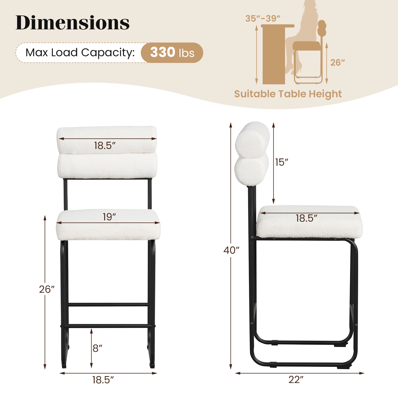 Glintex 2-Piece 26-Inch Counter Stool Set with Teddy Fabric Upholstery