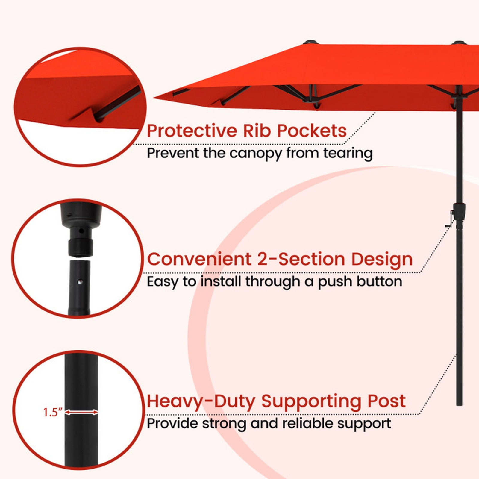 SUGIFT 13-ft Double-Sided Patio Market Umbrella with Crank Handle Polyester Fabric Canopy Orange