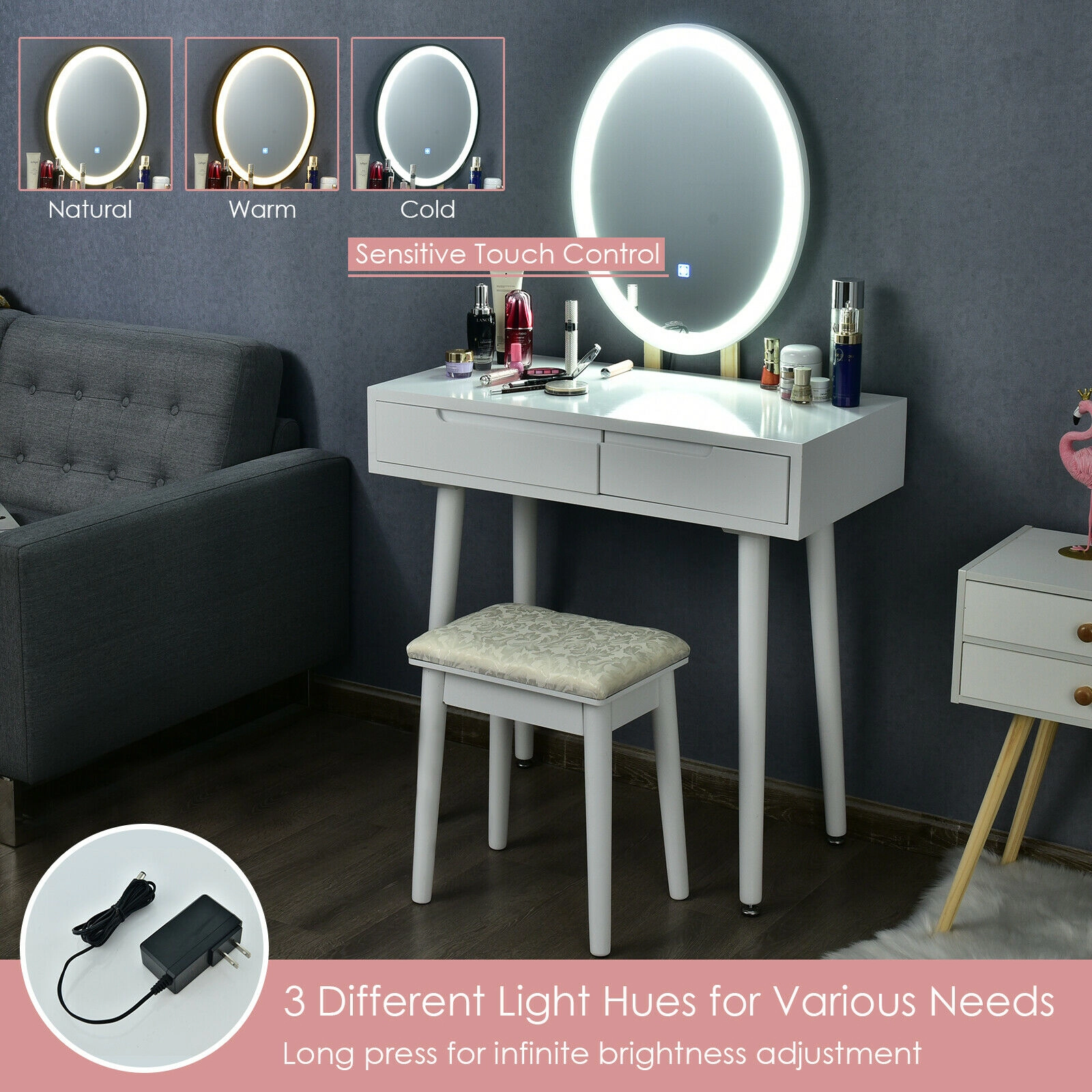 SUGIFT Touch Screen Vanity Table and Stool Set with Lighted Mirror in White