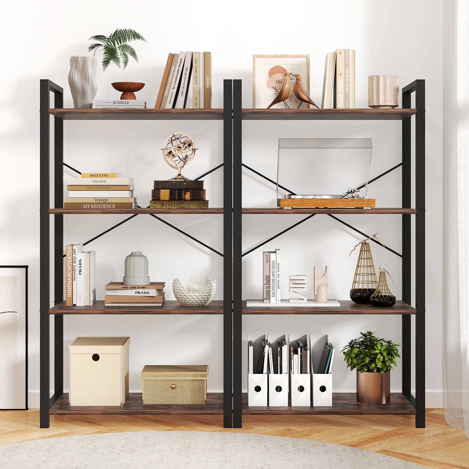 LJG 4-Tier Bookshelf with Heavy Duty Metal Frame Industrial Display Shelf