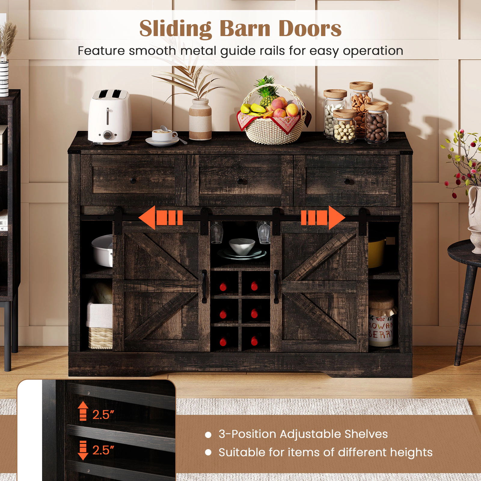 Glintex 52-Inch Wine Bar Cabinet with LED Lights and Sliding Barn Doors