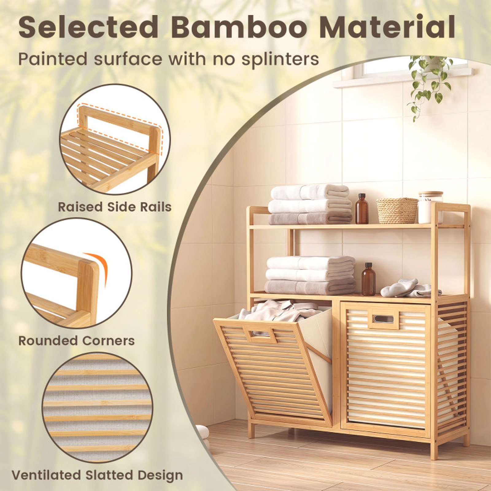SUGIFT Double Tilt Out Laundry Hamper with 2 Shelves for Dirty Clothes 154-lb Capacity 32-in Wide Natural