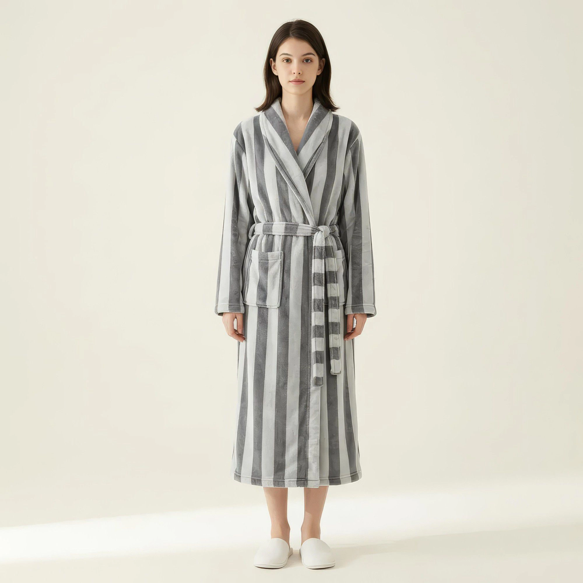 Anna-Kaci Women's Striped Plush Long Robe with Shawl Collar Tie Waist Belt Soft Textured Full Length Bathrobe