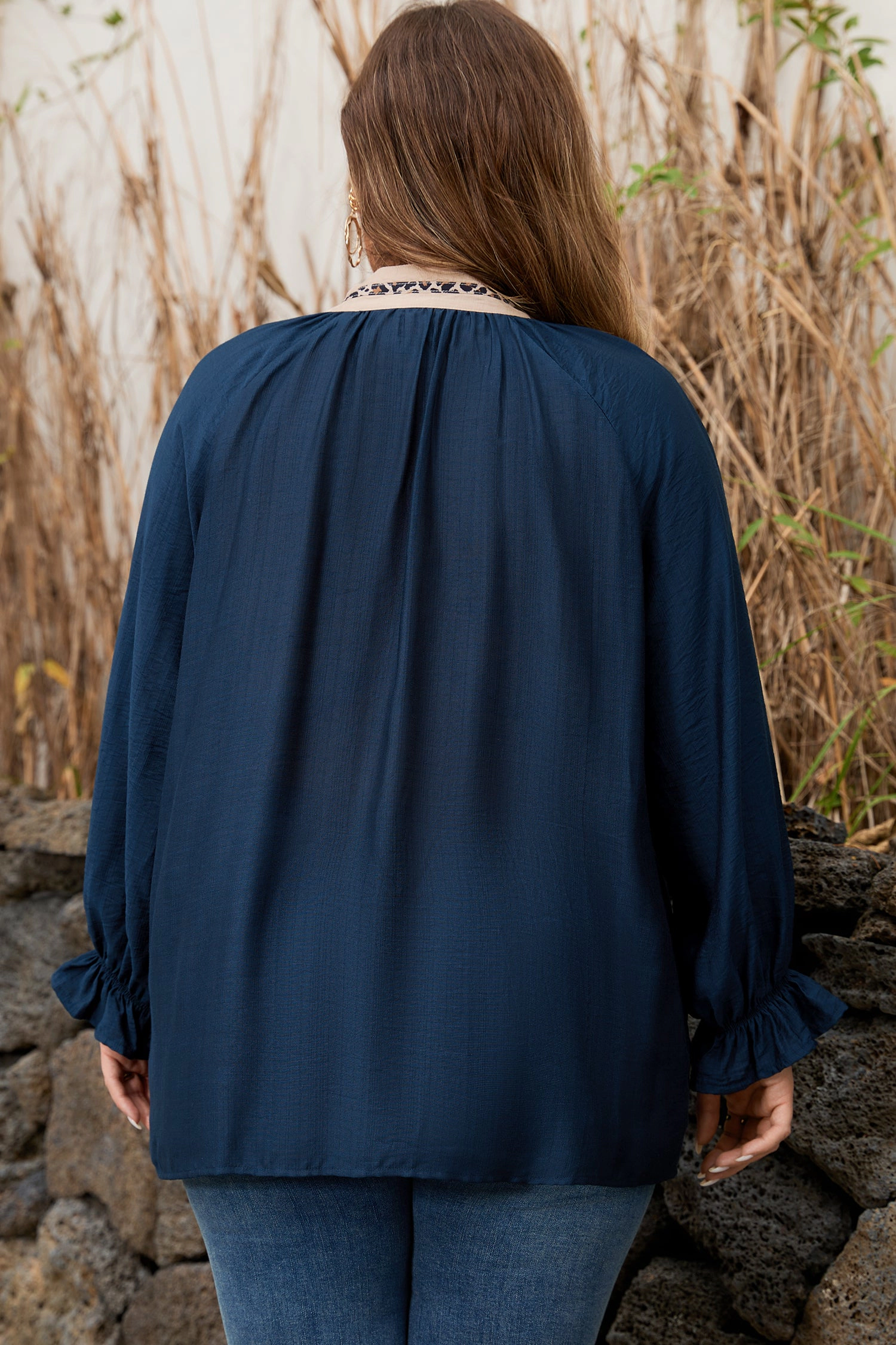 Threaded Pear Women's Katelyn Long Flounce Sleeve PLUS Blouse