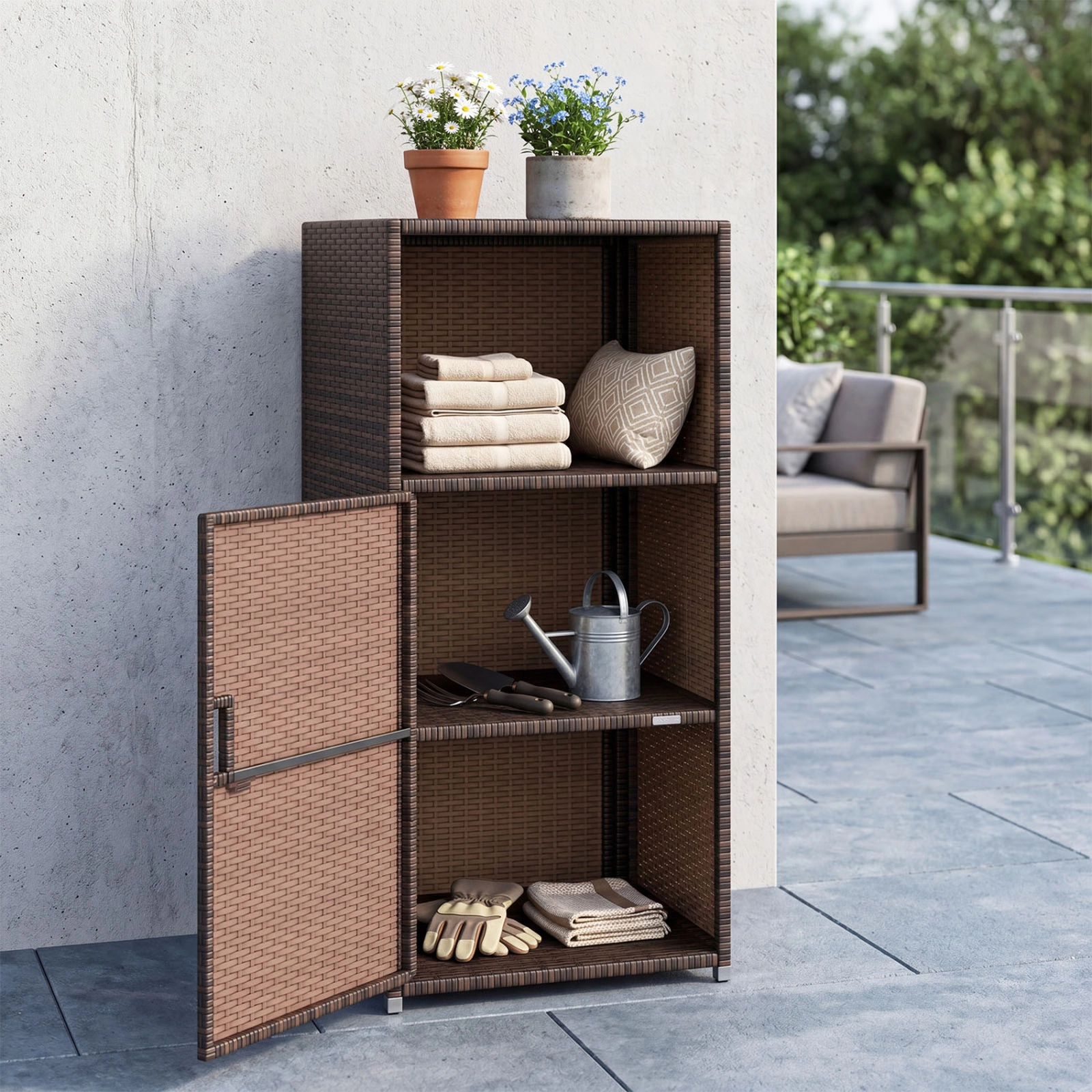 SUGIFT Open Compartment Enclosed Door PE Wicker Outdoor Patio Storage Cabinet 20-in x 20-in x 43-in 66-lb Shelf Brown