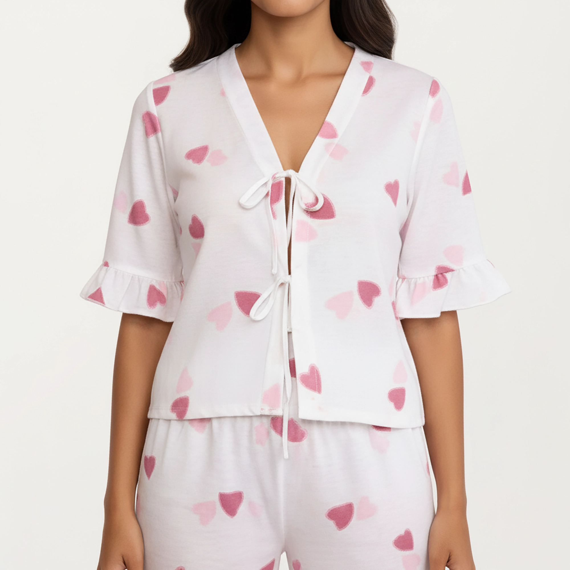 Anna-Kaci Women's 2-Piece V Neck Tie Front Pajama Top with Ruffle Sleeve Detail and Relaxed Fit Pants